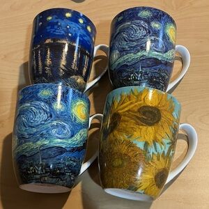Van Gogh Inspired Starry Night & Sunflowers Ceramic Mug Set - Blue & Yellow